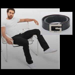 MEN'S GUESS  BLACK STIFF JEANS / LOGO LEATHER BELT